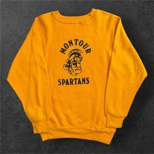 Vintage Montour Spartans Pullover Mens Small Yellow Crewneck Sweatshirt Graphic